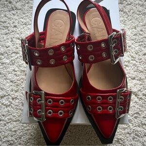 red ganni feminine buckle sling back ballerinas size 38 like new